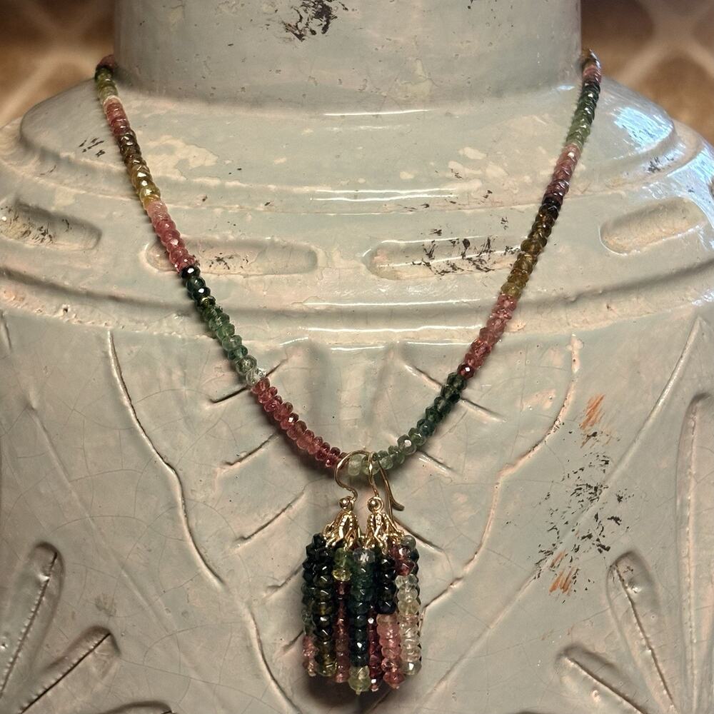 Multi Color Tourmaline Necklace & Earring Set w/ 18K and 14K Gold Findings